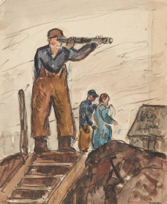 Man with a telescope, with two figures behind