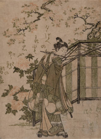 Boy Flute Player in front of a Folding Screen and Flowering Tree