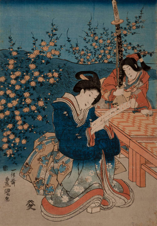 Seated Geisha Reading Amid Peach Blossoms and Geisha with Sword